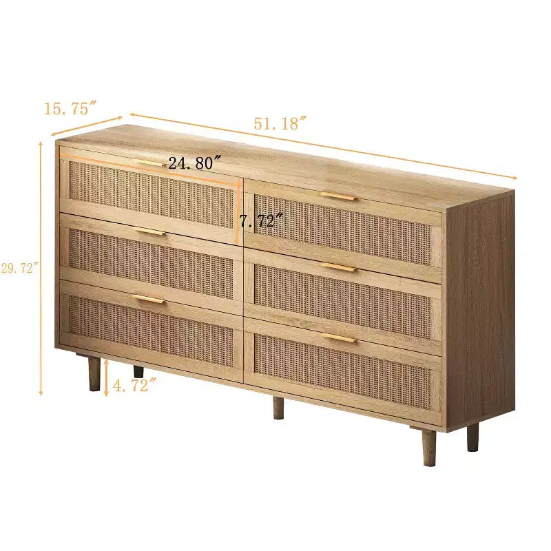 JVNOXK Commode de rangement en bois à 6 tiroirs de 51,18 pouces avec tiroirs en rotin naturel, convient pour les chambres et les salons, finition naturelle