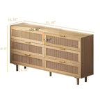 JVNOXK Commode de rangement en bois à 6 tiroirs de 51,18 pouces avec tiroirs en rotin naturel, convient pour les chambres et les salons, finition naturelle