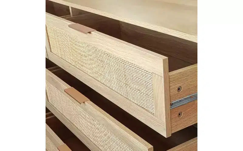 JVNOXK Commode de rangement en bois à 6 tiroirs de 51,18 pouces avec tiroirs en rotin naturel, convient pour les chambres et les salons, finition naturelle
