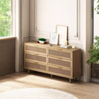 JVNOXK Commode de rangement en bois à 6 tiroirs de 51,18 pouces avec tiroirs en rotin naturel, convient pour les chambres et les salons, finition naturelle