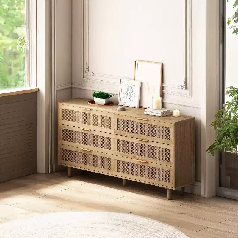 JVNOXK Commode de rangement en bois à 6 tiroirs de 51,18 pouces avec tiroirs en rotin naturel, convient pour les chambres et les salons, finition naturelle