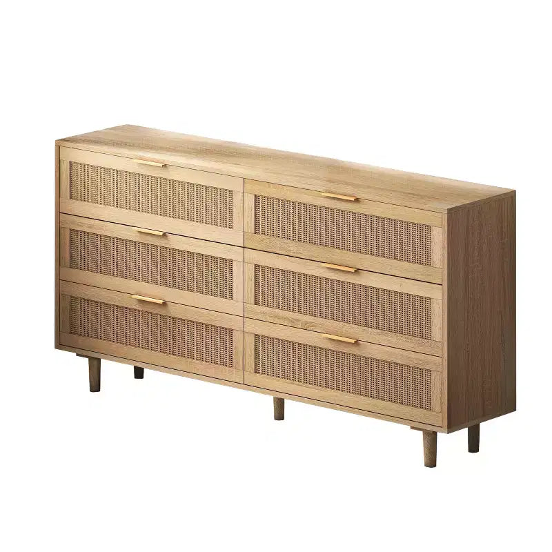 JVNOXK Commode de rangement en bois à 6 tiroirs de 51,18 pouces avec tiroirs en rotin naturel, convient pour les chambres et les salons, finition naturelle