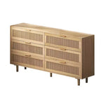 JVNOXK Commode de rangement en bois à 6 tiroirs de 51,18 pouces avec tiroirs en rotin naturel, convient pour les chambres et les salons, finition naturelle