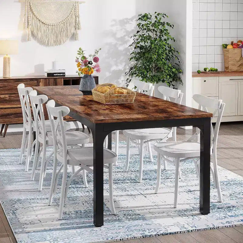 Table de salle à manger Lantine de 199,9 cm de long pour 6-8 personnes, table à dîner rectangulaire industrielle en bois avec pieds en métal robustes, marron rustique, table uniquement