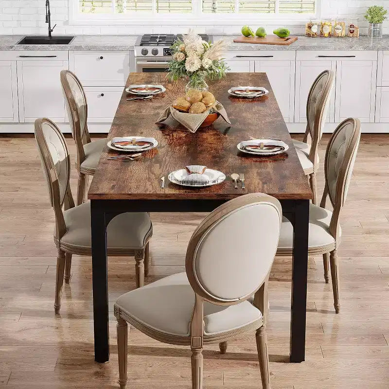 Table de salle à manger Lantine de 199,9 cm de long pour 6-8 personnes, table à dîner rectangulaire industrielle en bois avec pieds en métal robustes, marron rustique, table uniquement