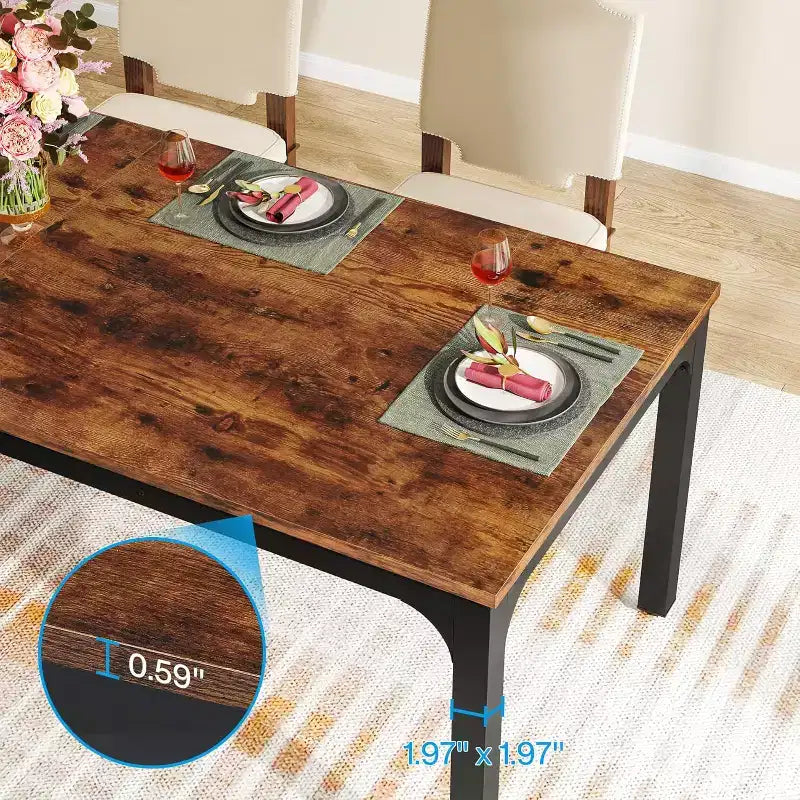 Table de salle à manger Lantine de 199,9 cm de long pour 6-8 personnes, table à dîner rectangulaire industrielle en bois avec pieds en métal robustes, marron rustique, table uniquement