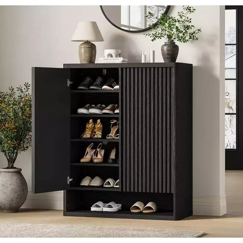 31.5'' Shoe Cabinet, Large Shoe Storage Cabinet with Adjustable Shelves, Wooden Shoe Organizer with Fluted Door for Entryway & Living Room