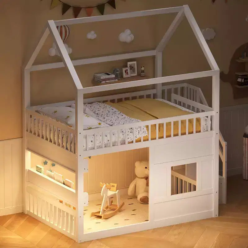 Lit cabane Whisen en bois, taille double, avec étagère intégrée, construction robuste, barrières de sécurité