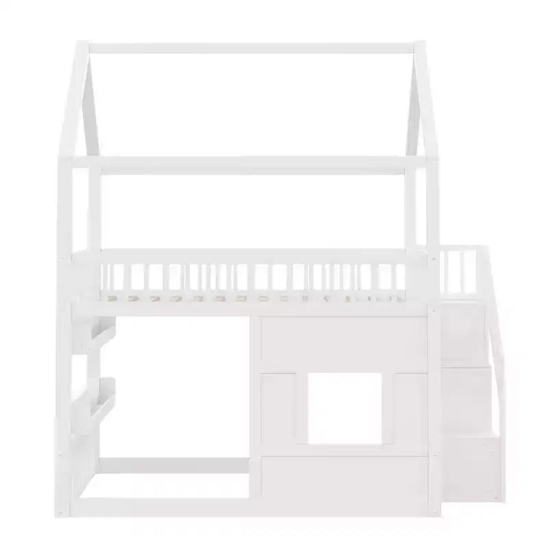 Lit cabane Whisen en bois, taille double, avec étagère intégrée, construction robuste, barrières de sécurité