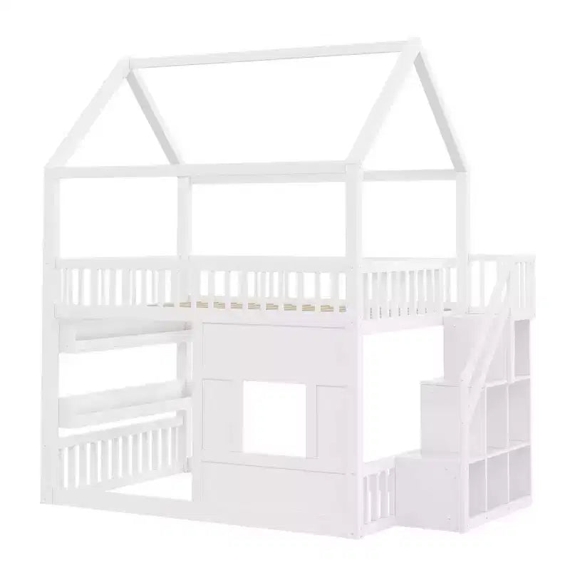 Lit cabane Whisen en bois, taille double, avec étagère intégrée, construction robuste, barrières de sécurité