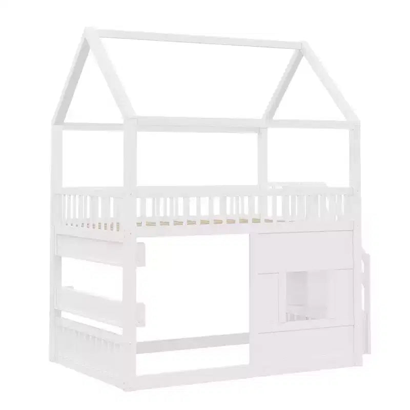 Lit cabane Whisen en bois, taille double, avec étagère intégrée, construction robuste, barrières de sécurité