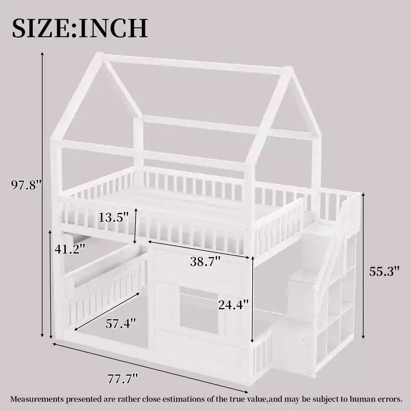 Lit cabane Whisen en bois, taille double, avec étagère intégrée, construction robuste, barrières de sécurité