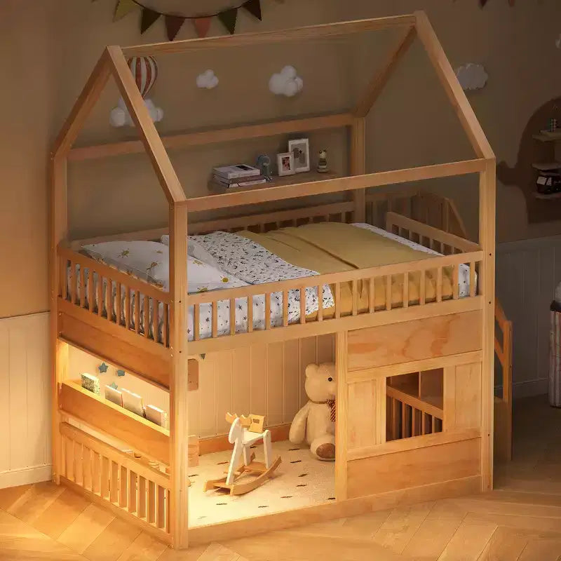 Lit cabane Whisen en bois, taille double, avec étagère intégrée, construction robuste, barrières de sécurité
