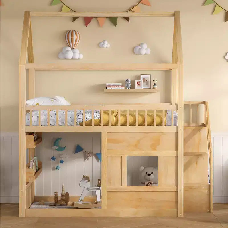 Lit cabane Whisen en bois, taille double, avec étagère intégrée, construction robuste, barrières de sécurité