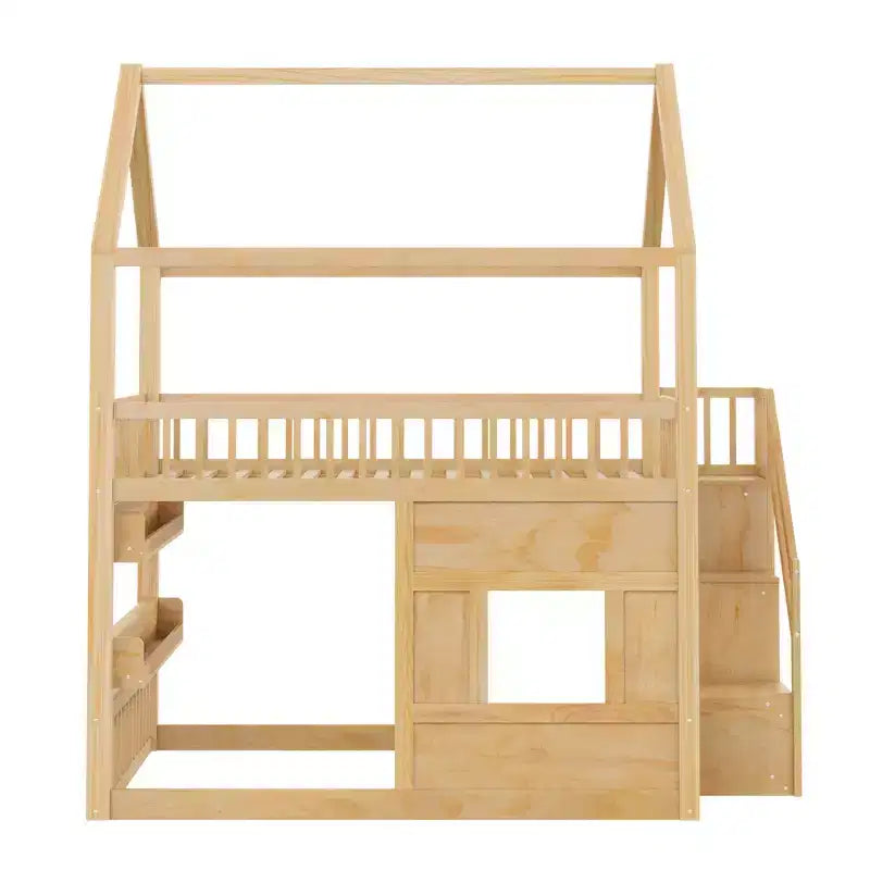 Lit cabane Whisen en bois, taille double, avec étagère intégrée, construction robuste, barrières de sécurité