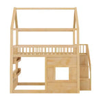 Lit cabane Whisen en bois, taille double, avec étagère intégrée, construction robuste, barrières de sécurité