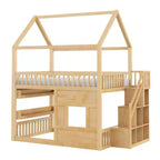 Lit cabane Whisen en bois, taille double, avec étagère intégrée, construction robuste, barrières de sécurité
