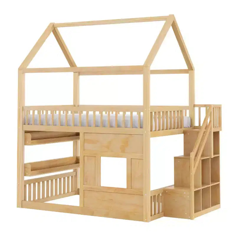 Lit cabane Whisen en bois, taille double, avec étagère intégrée, construction robuste, barrières de sécurité