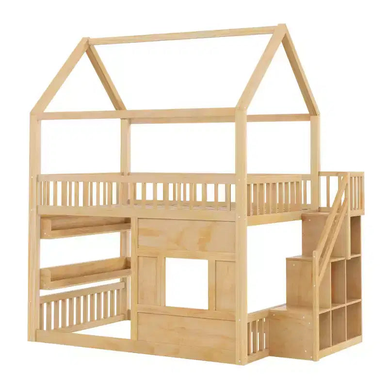 Lit cabane Whisen en bois, taille double, avec étagère intégrée, construction robuste, barrières de sécurité