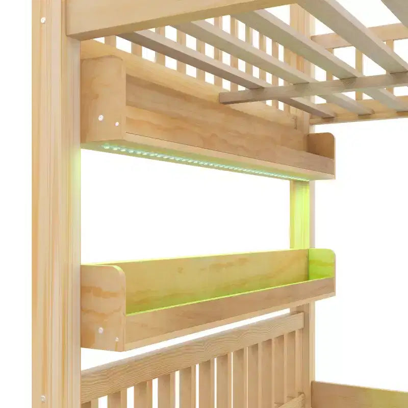 Lit cabane Whisen en bois, taille double, avec étagère intégrée, construction robuste, barrières de sécurité