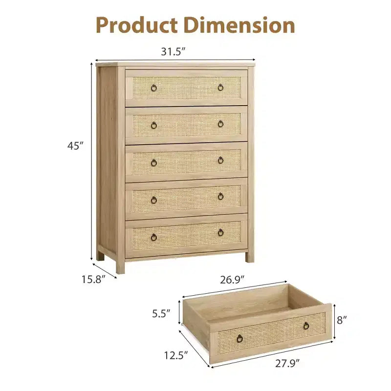 Commode haute à 5 tiroirs, commode en rotin, commode à 5 tiroirs avec armoire de rangement pour vêtements, organiseur de tiroirs pour chambre à coucher, salon, couloir, chêne