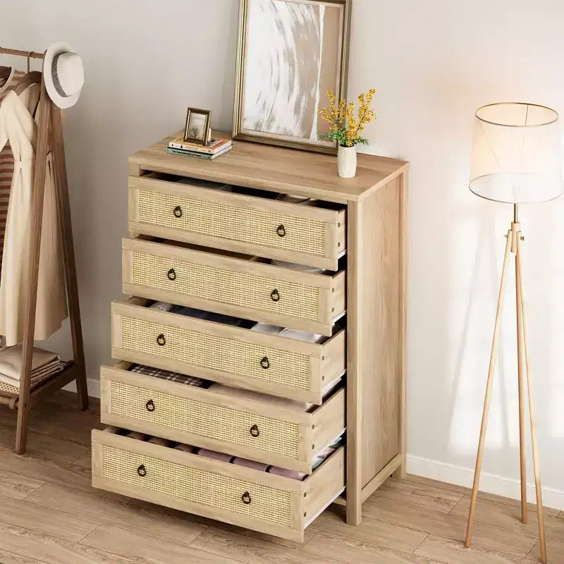 Commode haute à 5 tiroirs, commode en rotin, commode à 5 tiroirs avec armoire de rangement pour vêtements, organiseur de tiroirs pour chambre à coucher, salon, couloir, chêne