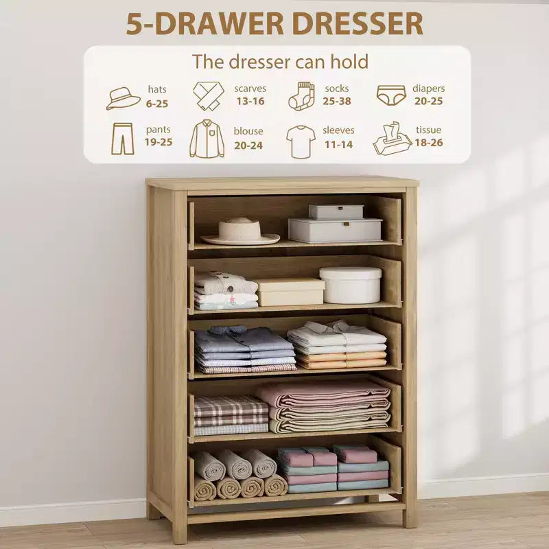 Commode haute à 5 tiroirs, commode en rotin, commode à 5 tiroirs avec armoire de rangement pour vêtements, organiseur de tiroirs pour chambre à coucher, salon, couloir, chêne