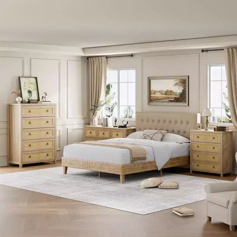 Commode haute à 5 tiroirs, commode en rotin, commode à 5 tiroirs avec armoire de rangement pour vêtements, organiseur de tiroirs pour chambre à coucher, salon, couloir, chêne