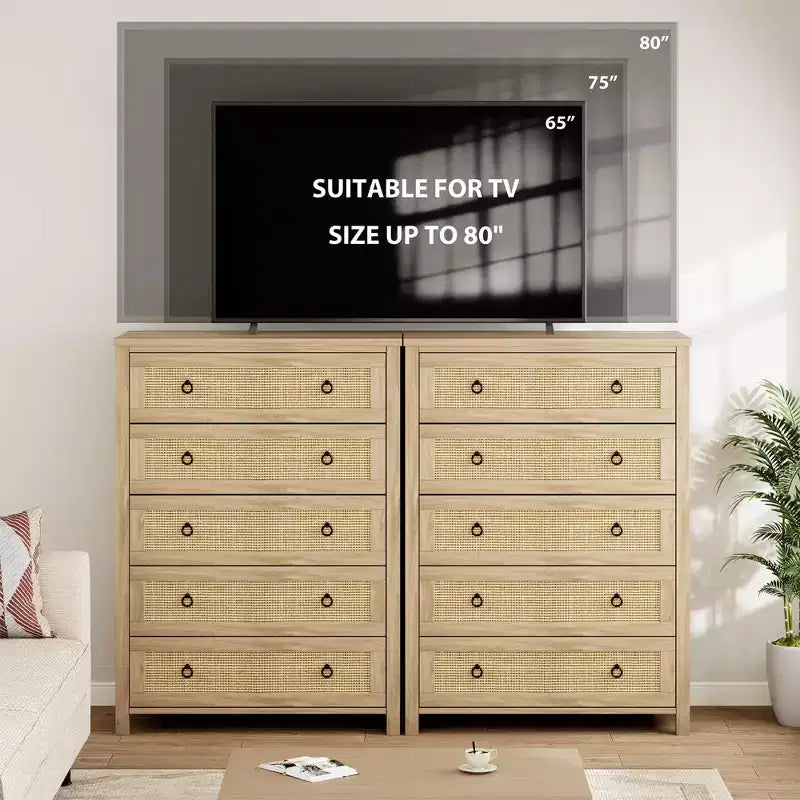 Commode haute à 5 tiroirs, commode en rotin, commode à 5 tiroirs avec armoire de rangement pour vêtements, organiseur de tiroirs pour chambre à coucher, salon, couloir, chêne