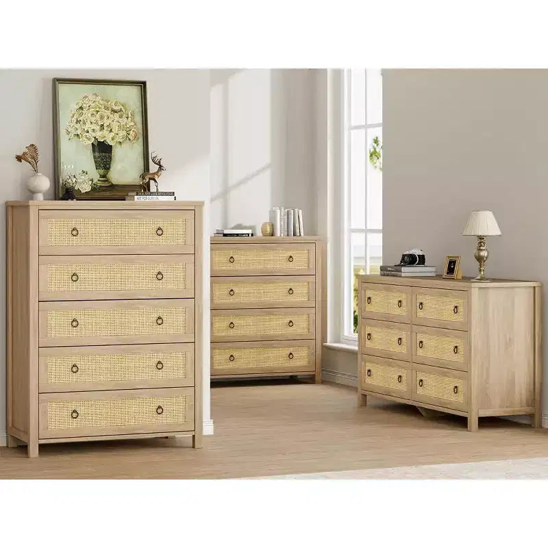 Commode haute à 5 tiroirs, commode en rotin, commode à 5 tiroirs avec armoire de rangement pour vêtements, organiseur de tiroirs pour chambre à coucher, salon, couloir, chêne