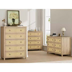 Commode haute à 5 tiroirs, commode en rotin, commode à 5 tiroirs avec armoire de rangement pour vêtements, organiseur de tiroirs pour chambre à coucher, salon, couloir, chêne