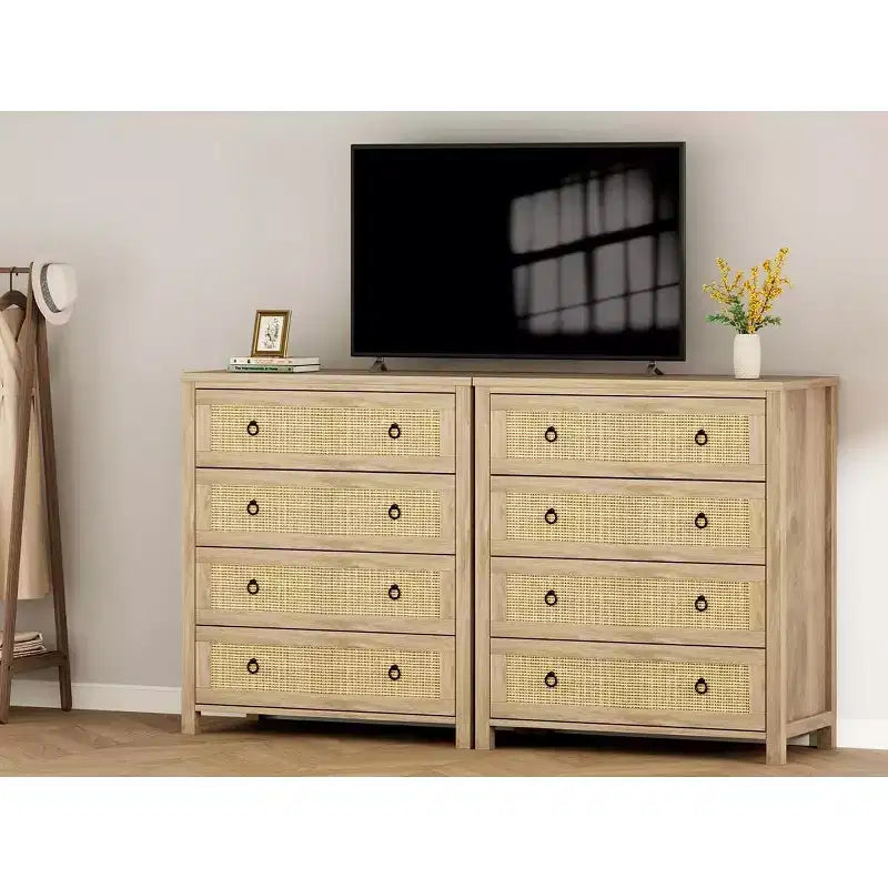 Commode haute à 5 tiroirs, commode en rotin, commode à 5 tiroirs avec armoire de rangement pour vêtements, organiseur de tiroirs pour chambre à coucher, salon, couloir, chêne
