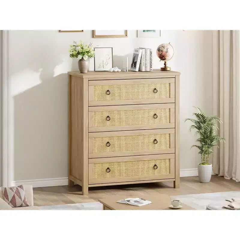 Commode haute à 5 tiroirs, commode en rotin, commode à 5 tiroirs avec armoire de rangement pour vêtements, organiseur de tiroirs pour chambre à coucher, salon, couloir, chêne