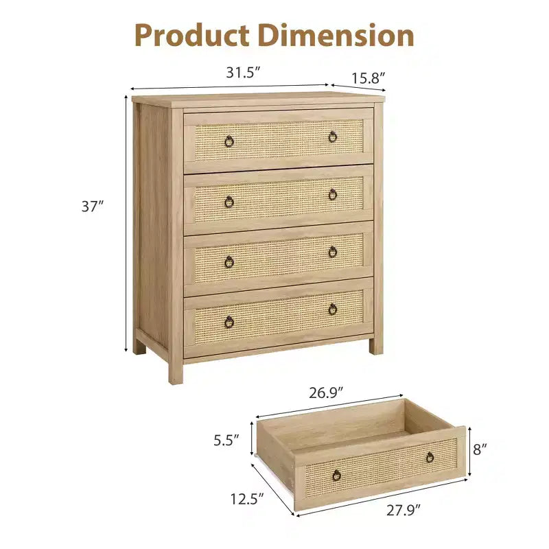 Commode haute à 5 tiroirs, commode en rotin, commode à 5 tiroirs avec armoire de rangement pour vêtements, organiseur de tiroirs pour chambre à coucher, salon, couloir, chêne
