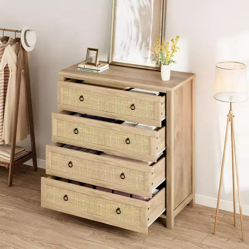 Commode haute à 5 tiroirs, commode en rotin, commode à 5 tiroirs avec armoire de rangement pour vêtements, organiseur de tiroirs pour chambre à coucher, salon, couloir, chêne