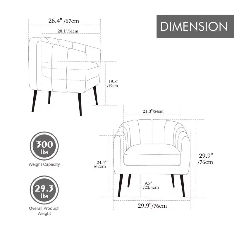 TUYOHW 30 Fauteuil d'appoint moderne avec dossier capitonné, fauteuil de loisirs rembourré avec pieds en métal, chaise confortable pour salon, chambre à coucher.