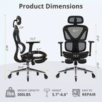 Chaise de Bureau Ergonomique en Maille avec Roulettes, Support Lombaire, Accoudoirs 3D, Repose-Pieds Escamotable et Inclinaison Verrouillable pour Bureau à Domicile
