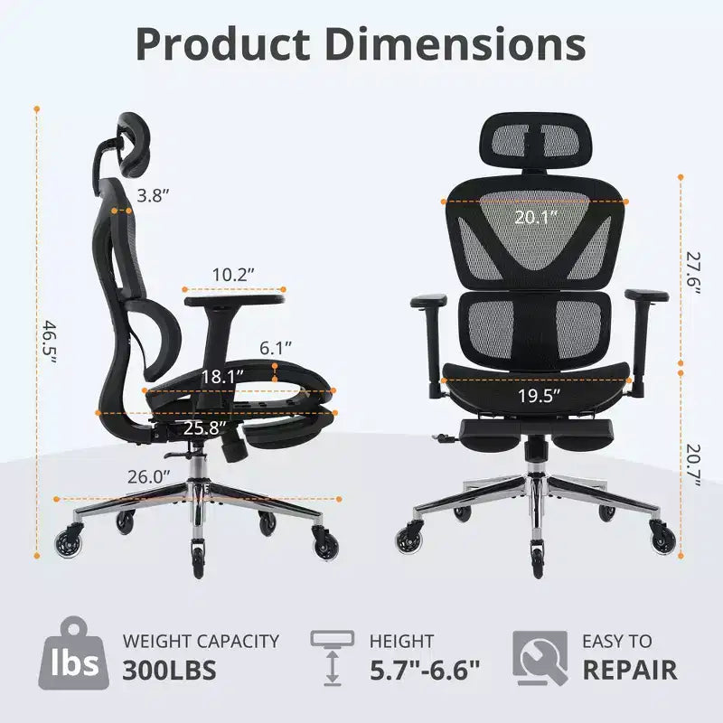 Chaise de Bureau Ergonomique en Maille avec Roulettes, Support Lombaire, Accoudoirs 3D, Repose-Pieds Escamotable et Inclinaison Verrouillable pour Bureau à Domicile