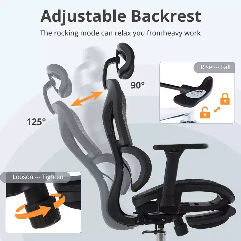 Chaise de Bureau Ergonomique en Maille avec Roulettes, Support Lombaire, Accoudoirs 3D, Repose-Pieds Escamotable et Inclinaison Verrouillable pour Bureau à Domicile