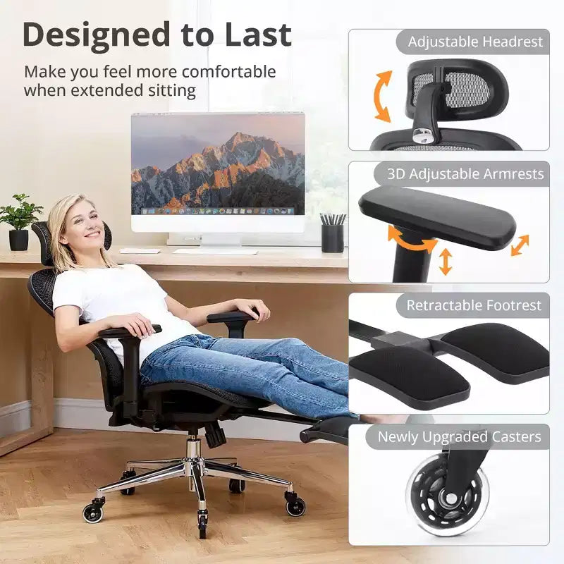 Chaise de Bureau Ergonomique en Maille avec Roulettes, Support Lombaire, Accoudoirs 3D, Repose-Pieds Escamotable et Inclinaison Verrouillable pour Bureau à Domicile