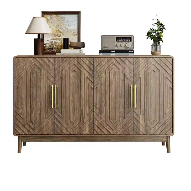 JVNOXK Buffet moderne sculpté à quatre portes de 140 cm avec étagères réglables, armoire de rangement multifonctionnelle, convient pour la cuisine, finition noyer