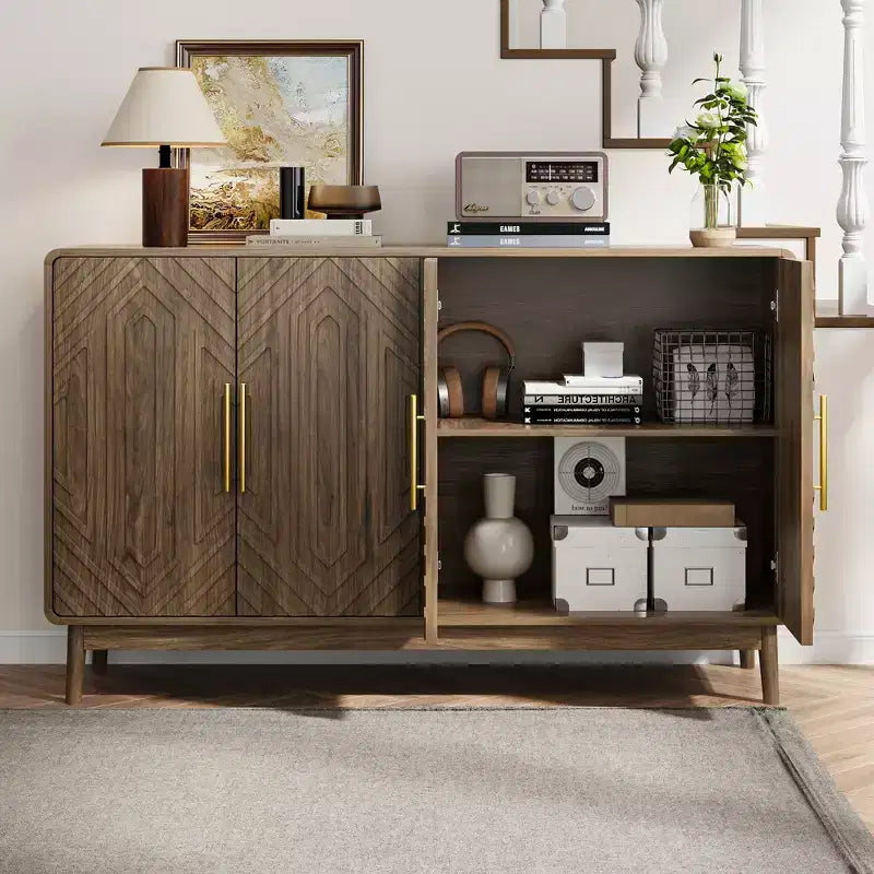 JVNOXK Buffet moderne sculpté à quatre portes de 140 cm avec étagères réglables, armoire de rangement multifonctionnelle, convient pour la cuisine, finition noyer