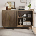JVNOXK Buffet moderne sculpté à quatre portes de 140 cm avec étagères réglables, armoire de rangement multifonctionnelle, convient pour la cuisine, finition noyer