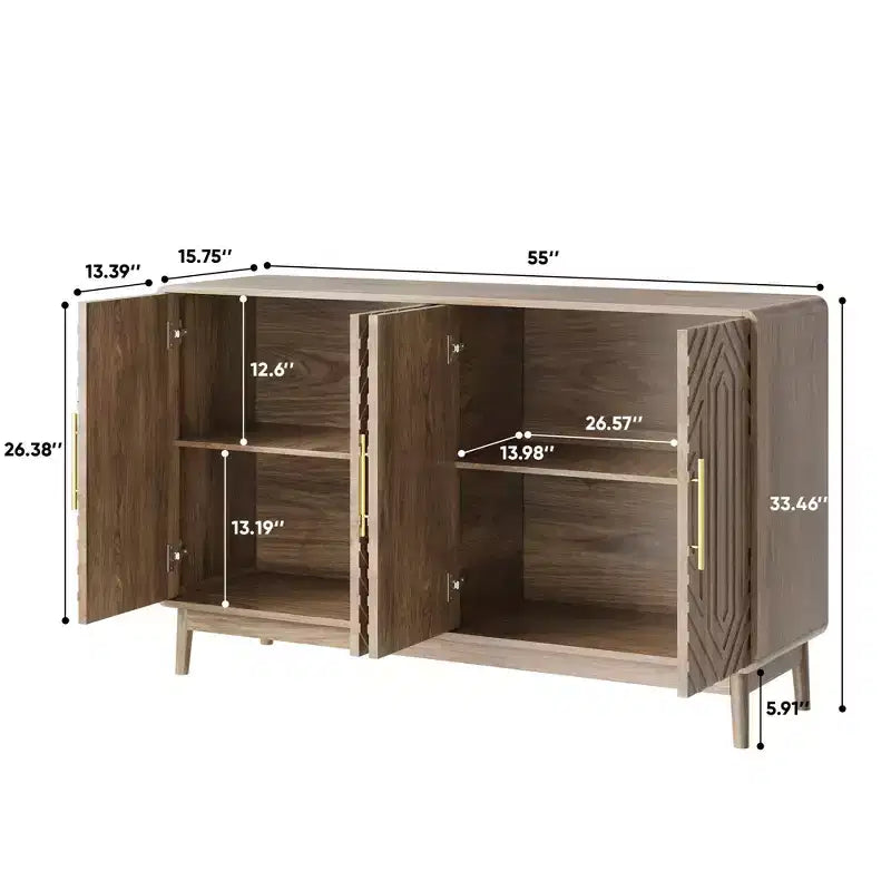JVNOXK Buffet moderne sculpté à quatre portes de 140 cm avec étagères réglables, armoire de rangement multifonctionnelle, convient pour la cuisine, finition noyer