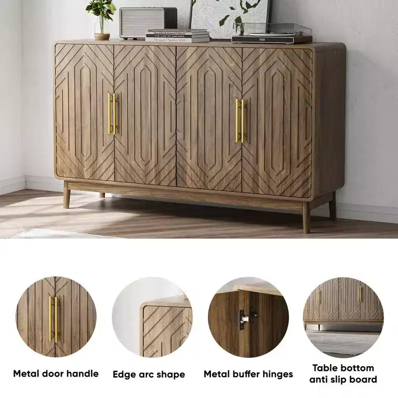 JVNOXK Buffet moderne sculpté à quatre portes de 140 cm avec étagères réglables, armoire de rangement multifonctionnelle, convient pour la cuisine, finition noyer