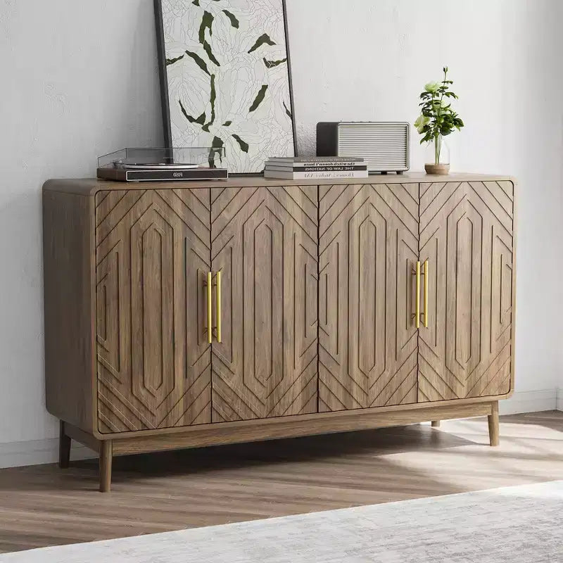 JVNOXK Buffet moderne sculpté à quatre portes de 140 cm avec étagères réglables, armoire de rangement multifonctionnelle, convient pour la cuisine, finition noyer
