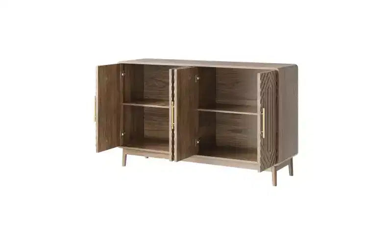 JVNOXK Buffet moderne sculpté à quatre portes de 140 cm avec étagères réglables, armoire de rangement multifonctionnelle, convient pour la cuisine, finition noyer