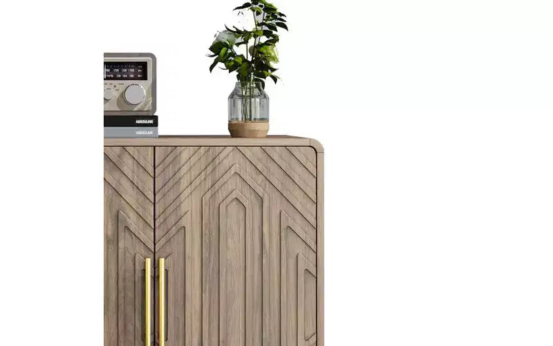 JVNOXK Buffet moderne sculpté à quatre portes de 140 cm avec étagères réglables, armoire de rangement multifonctionnelle, convient pour la cuisine, finition noyer