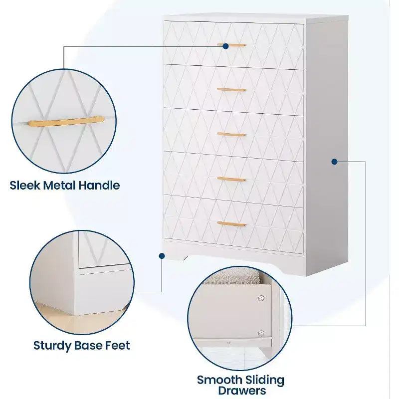 Commode haute à 5 tiroirs pour chambre à coucher, table de chevet moderne pour placard, commode en bois, armoire de rangement et organisateur en bois