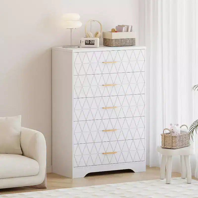 Commode haute à 5 tiroirs pour chambre à coucher, table de chevet moderne pour placard, commode en bois, armoire de rangement et organisateur en bois